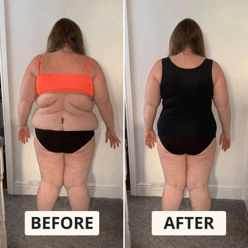 Customer before and after, back view in the Grace and Ease tank