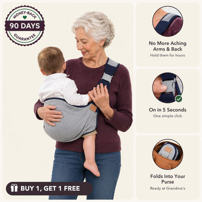 Grandmother holding her grandson in The Nana Sling, 90-day money-back guarantee