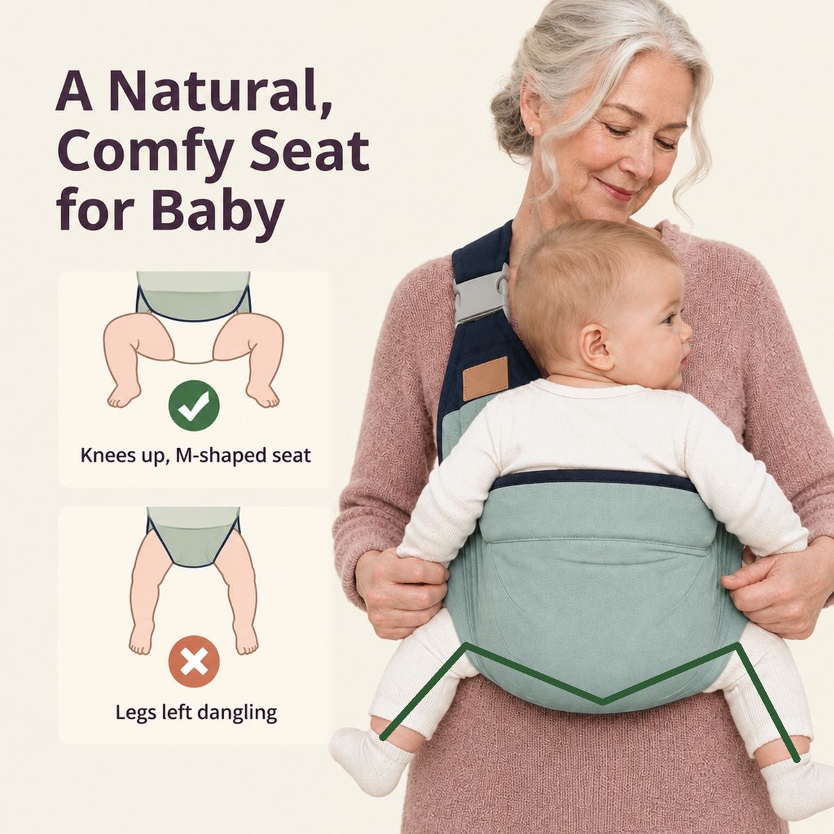 A natural, comfy M-shaped seat for baby