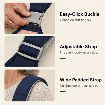 Easy-click buckle, adjustable strap, wide padded strap