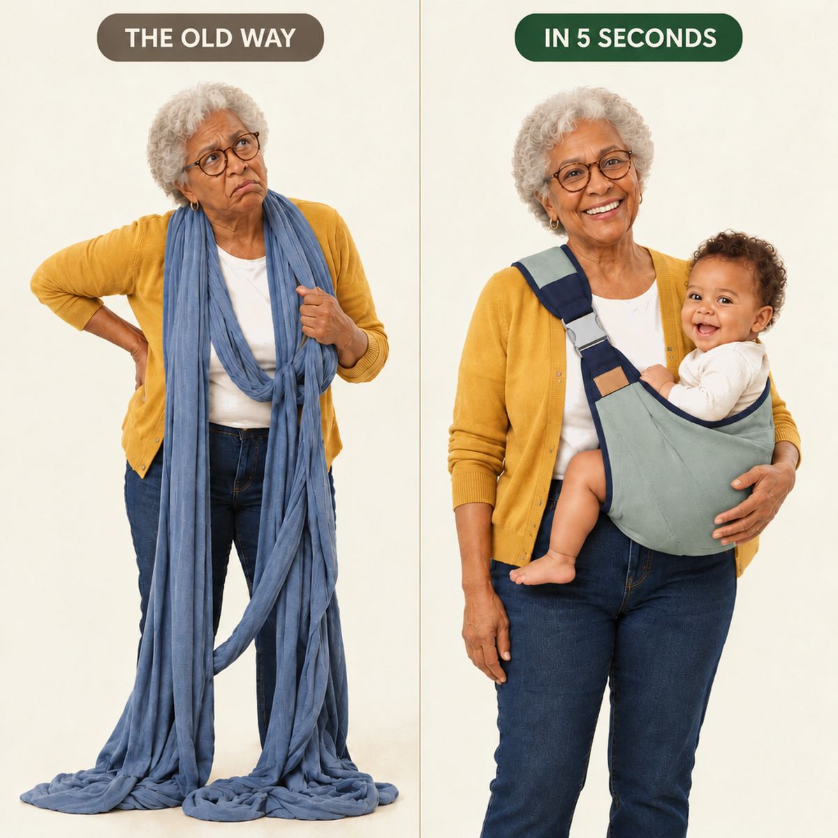 The old way vs. The Nana Sling in 5 seconds